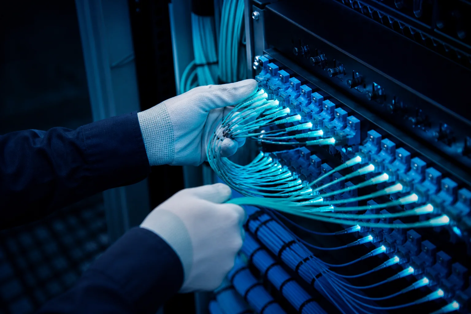 Técnico conectando una red de fibra óptica