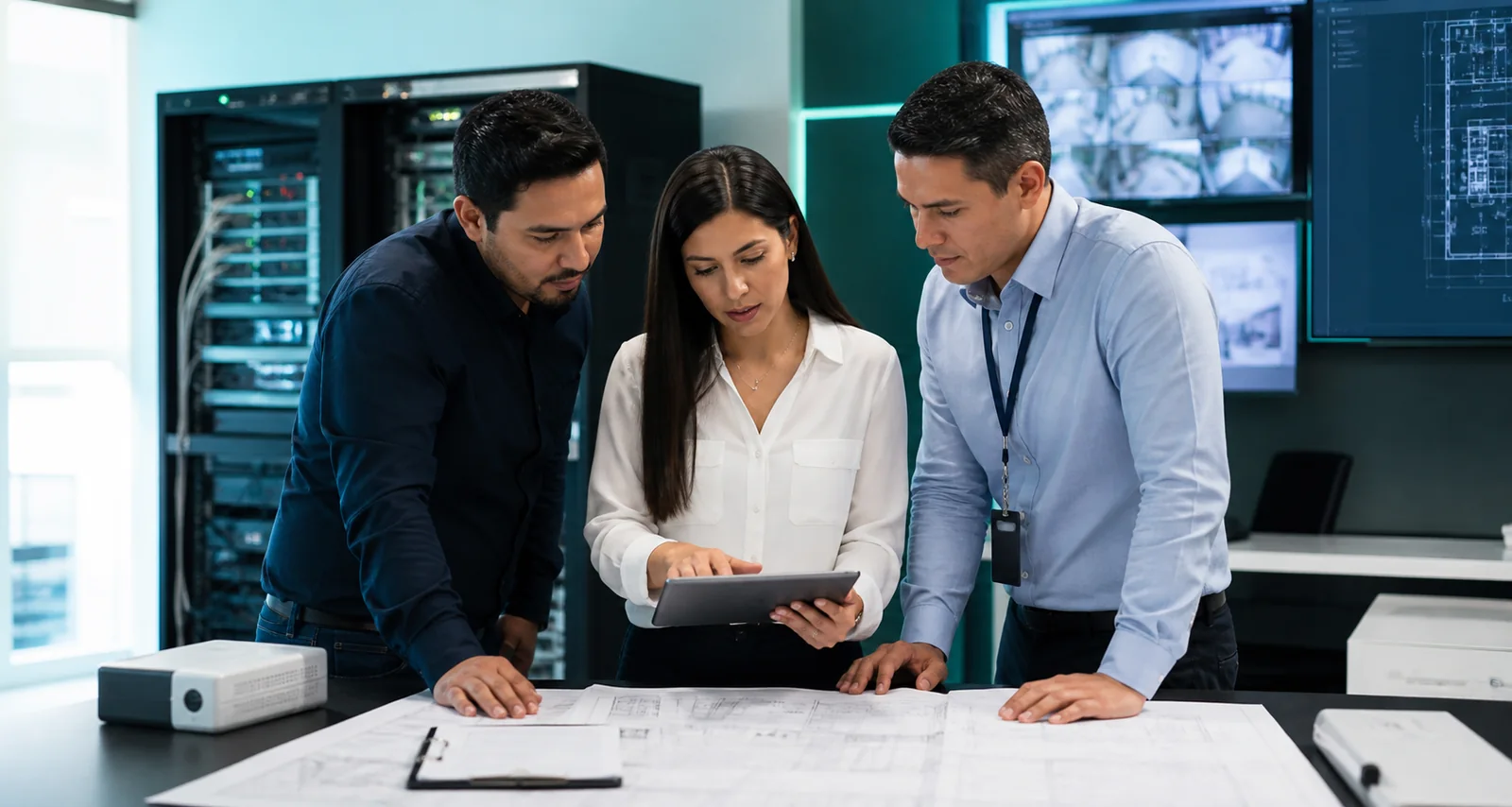 Equipo de ingeniería de seguridad revisando un proyecto