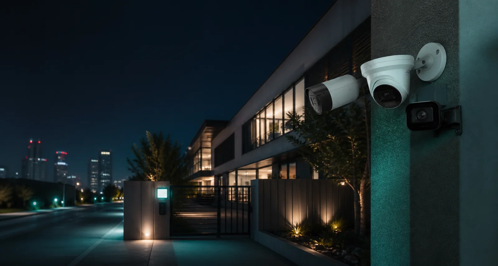 Cámaras de seguridad protegiendo un edificio moderno durante la noche