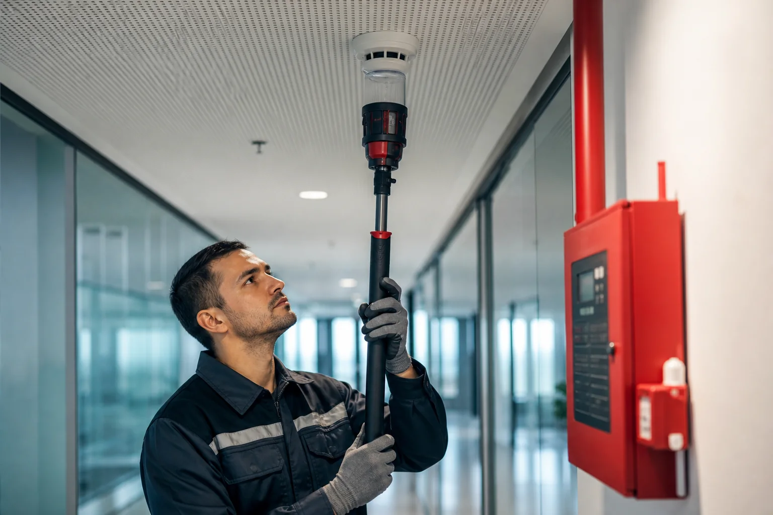 Técnico probando un detector de incendio